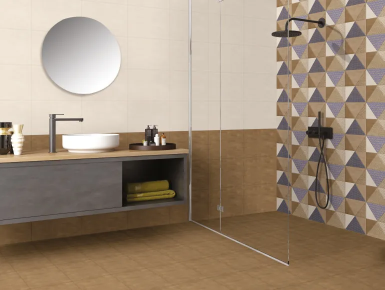 Modern small-bathroom design with sink, round mirror and shower